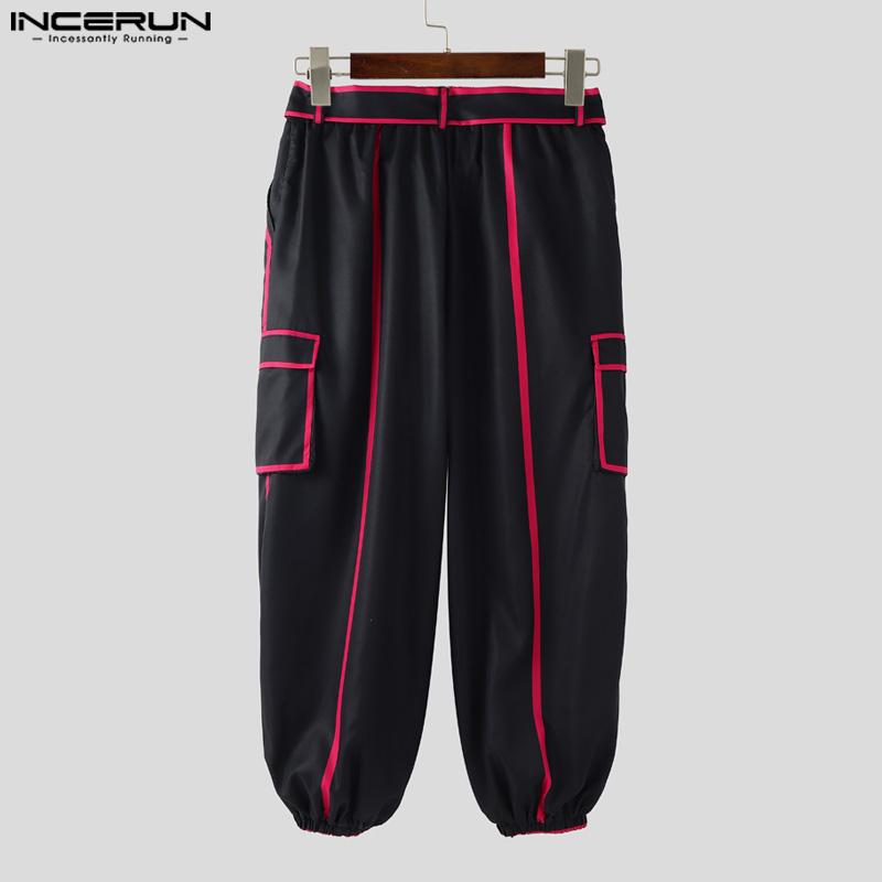 INCERUN Men Elastic Waist Hit Color Belt Casual Thin Harem Pants with Pockets