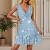 Women's Summer Dress V Neck Sleeveless Casual Floral Print Hem Pleated Dress