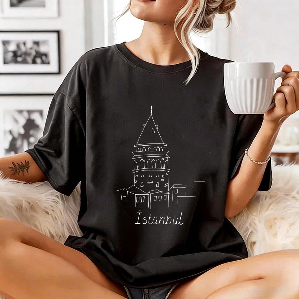 Istanbul Galata Tower Graphic Tees Minimalist Line Art Turkey Travel Souvenir Cotton Shirt Fashion Unisex Casual Street Shirt