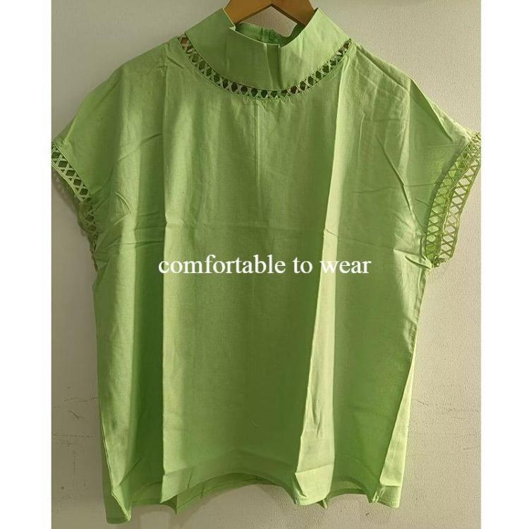 Breathable Cotton Linen Blouse for Women Casual Hollow Top Stand Collar Lace Patchwork Solid Color Shirt