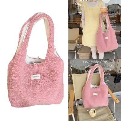 Fashionable Reversible Shoulder Bag for Women Versatile and Winter Warm Faux Lamb Wool Handbag Furry Plush Tote Bag