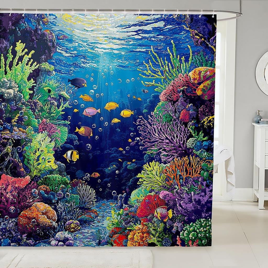 Funny Swimming Dog Fabric Shower Curtain Cute Pet Shower Curtain for Kids Ocean Theme Bathroom Waterproof Accessories with