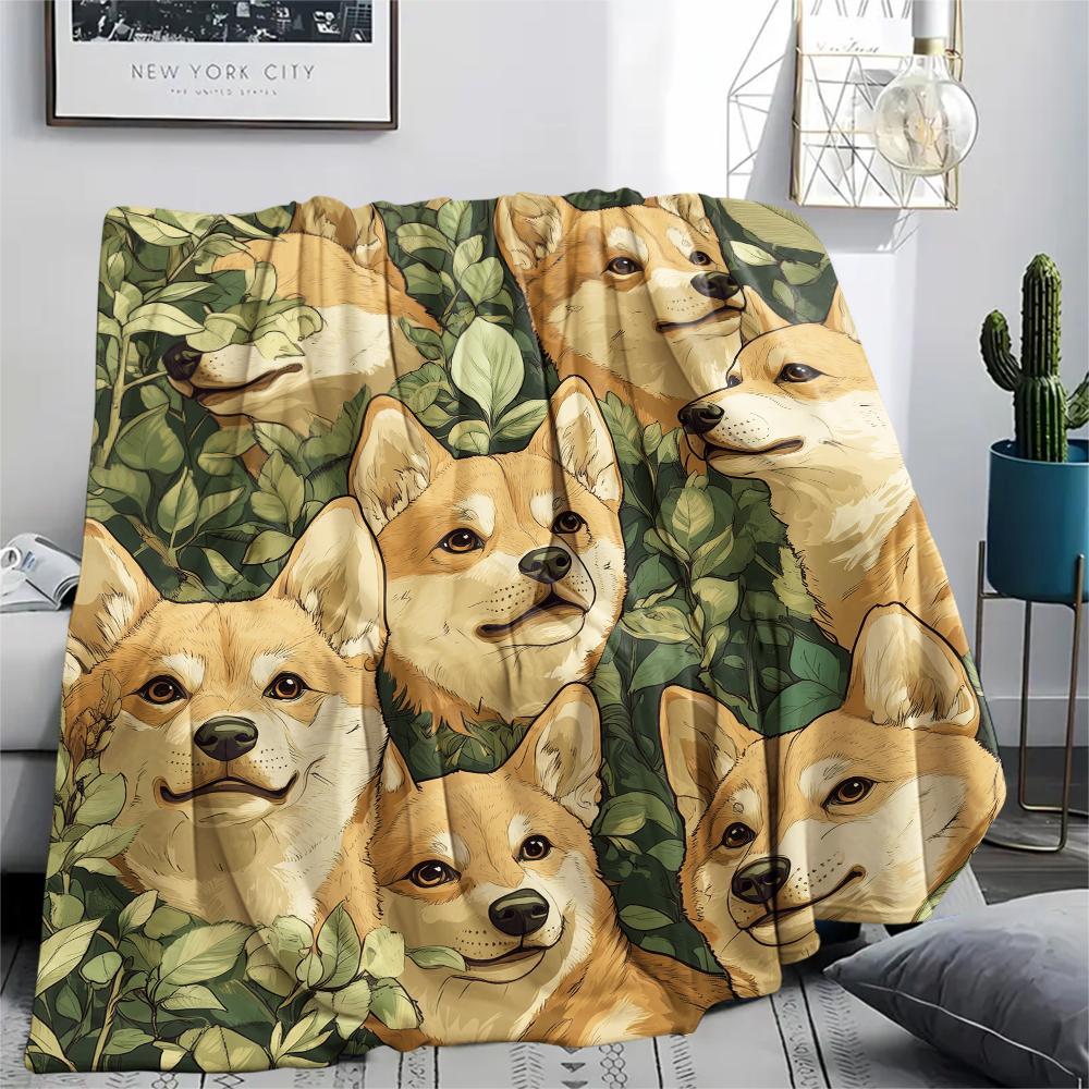 Shiba Inu and Leaves Pattern Flannel Blanket, High Quality Comfortable for All Seasons, Home Decor, Warmth and Comfort, Perfect for Gifts.