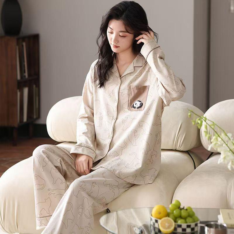 "Cute Dog Dachshund" ins cartoon spring and autumn striped pajamas women's cardigan long-sleeved loungewear autumn and winter suit
