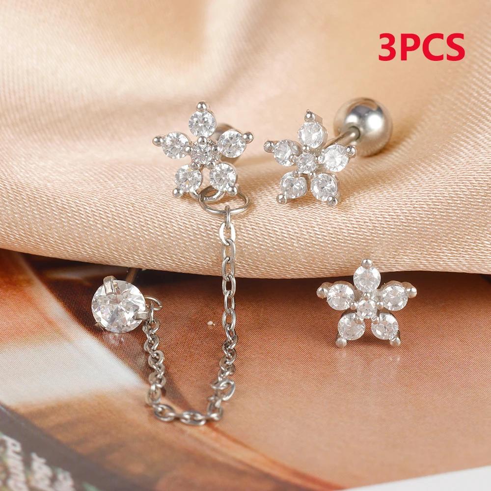 3PCS Fashion Stainless Steel Zircon Flower Stud Earrings Set for Women Double Hole Chain Helix Tragus Cartilage Piercing Jewelry