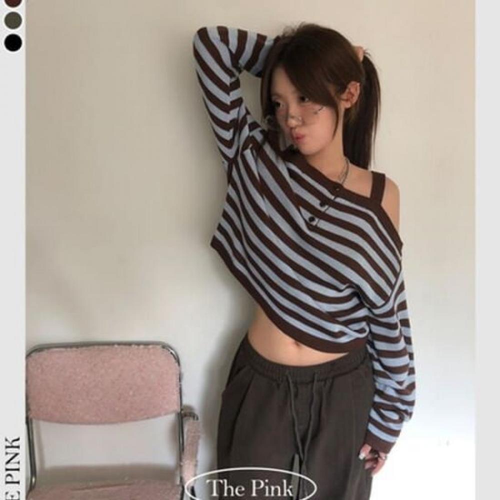 The Pink Off Shoulder Stripe Loose Fit Knit