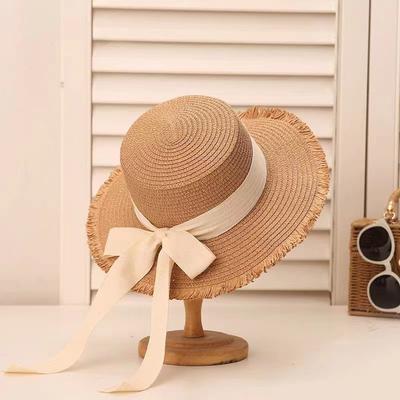 Internet Celebrity Super Fairy Bow Straw Hat Women Summer Weaving Flat Top Vacation Beach Sunshade Sun Hat