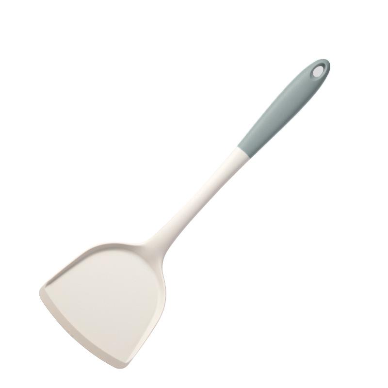 Grayish-white Silicone Kitchen Utensil Set: Non-stick Spatula, High-temp Resistant Ladle, Food-grade for Stir-fry and Soups.