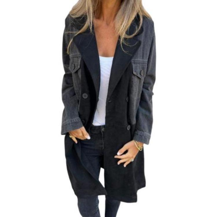 Mid Length Lady Overcoat Women Spring Fall Coat Denim Jacket Double Breasted Colorblock Patchwork with Flap Pockets