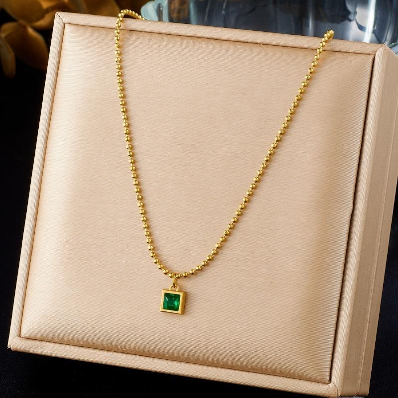 Gold Plated Ball Chain Necklace with Square Green Zircon Pendant, Dainty Emerald Charm Chain for Women, Elegant Daily Jewelry