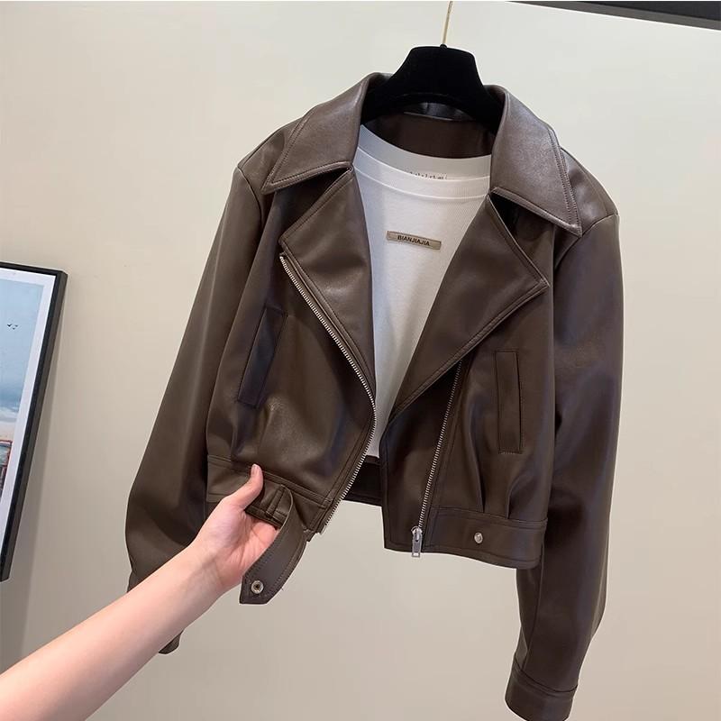 Short Leather Jacket Women's Spring and Autumn Fashion Thin Leather Temperament Lapel PU Leather Thin All-match Jacket