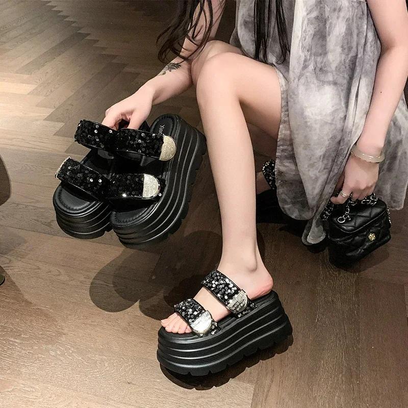 Fashion 8CM High Platform Slippers Women Summer Bling Fashion 2025 New Increase Heels Sandals Casual Muffin Flip-flops Heels Beach Shoes