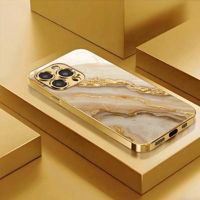 Gold Marble Stone Pattern Metallic Paint Glass Phone Case For iPhone 17 16 15 14 13 12 11 Pro Max 14 15 Plus 17 Air 16E Cover