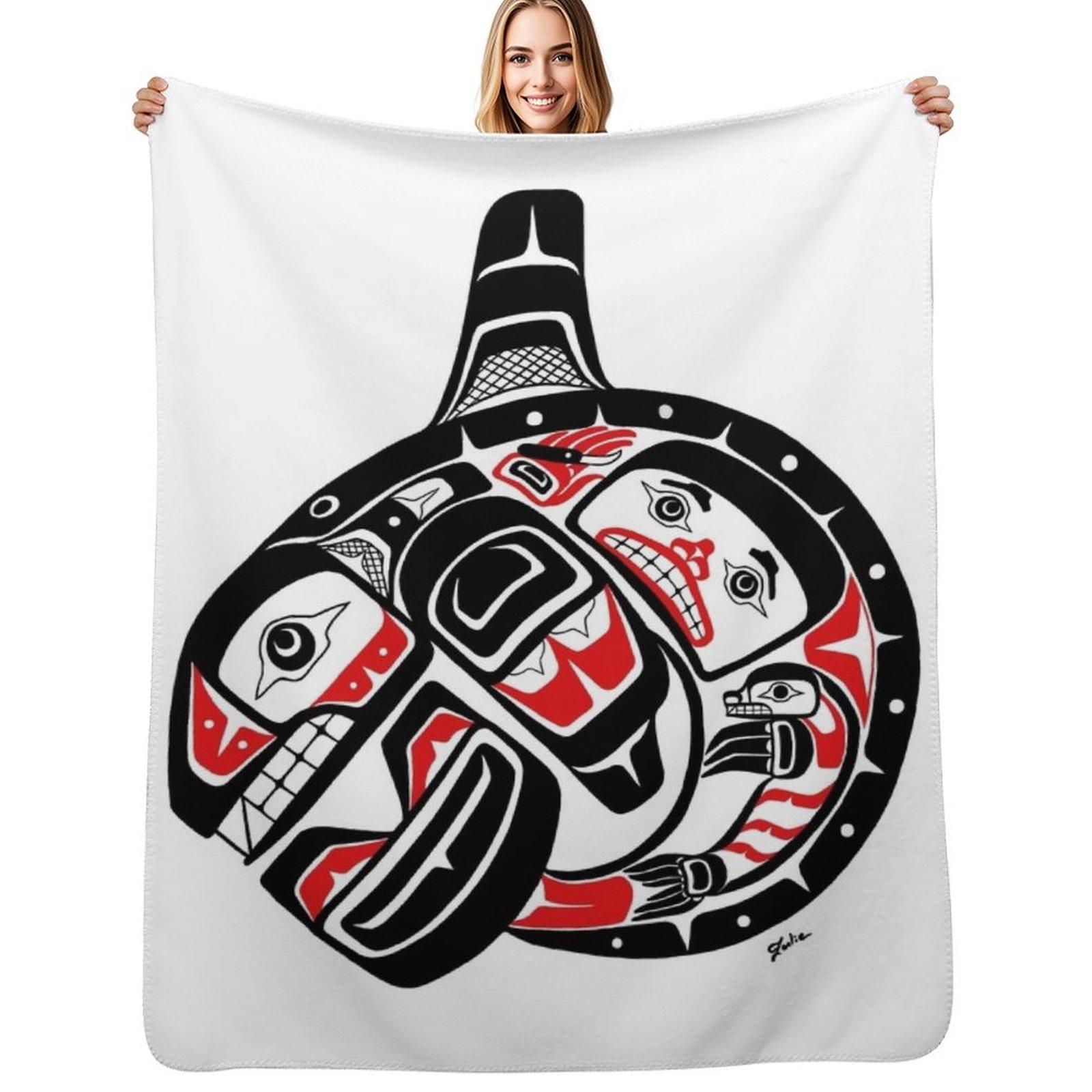 BLACKFISH - PNW Alaska, Tlingit style orca killer whale Throw Blanket Soft Breathable Blanket for Night Sleeping Size: 75*100cm, Weight: 230 GSM