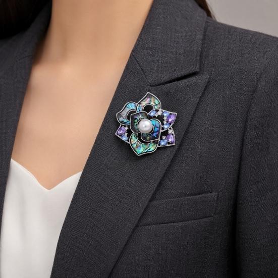 Camellia Brooch, 3D Hollow Floral Design Suit Badge with Imitation Pearl Cubic Zirconia Embellishment, Brooch Pin for Suits Scarves Accessories