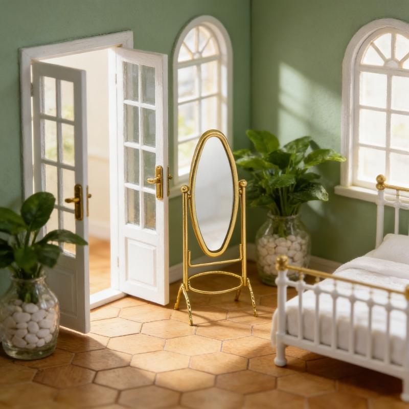 1:12 Scale Doll House Dressing Mirror Metal Floor Mirror Model Figurine For Miniature Bedroom Scene Setting Decoration