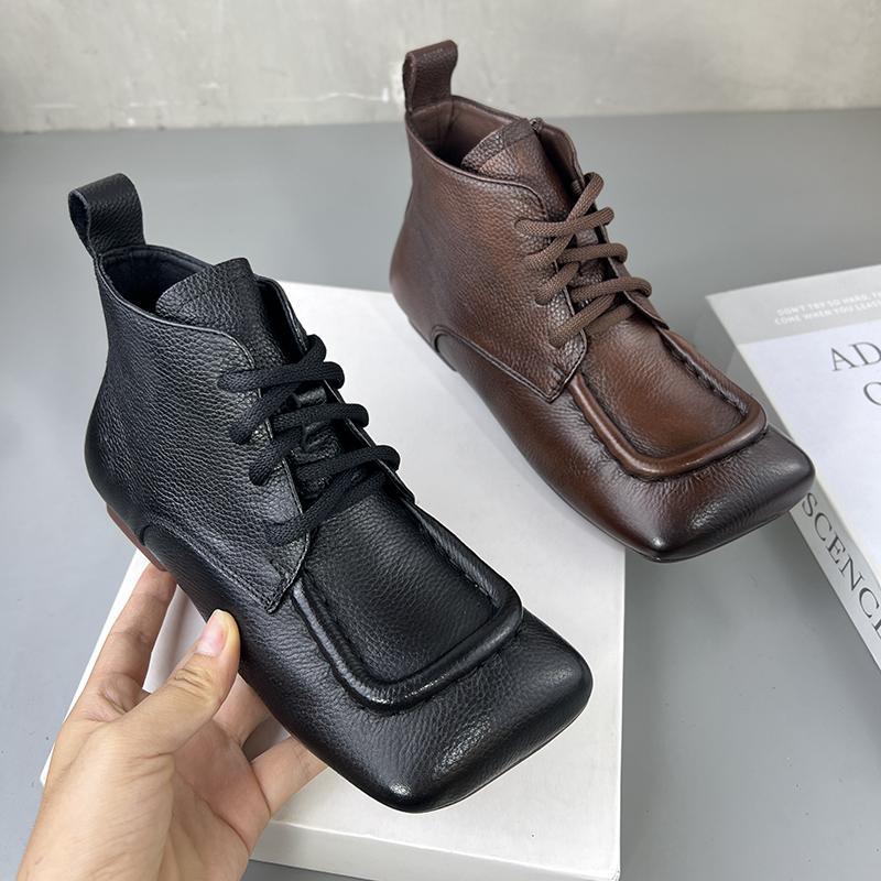 Early Autumn Retro Square-headed Boots Women's Short Tube Flat-bottomed Martin Boots 2025 Autumn New Versatile Soft-soled Mother Single Boots