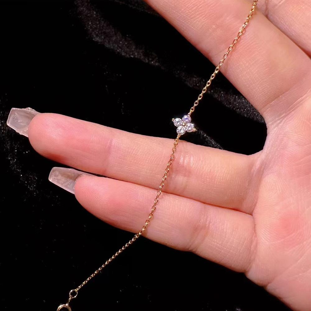 S925 Silver Plated Four Leaf Clover Zircon Anklet for Women Fashion Simple Adjustable Ankle Chain Summer Vacation Jewelry Gift