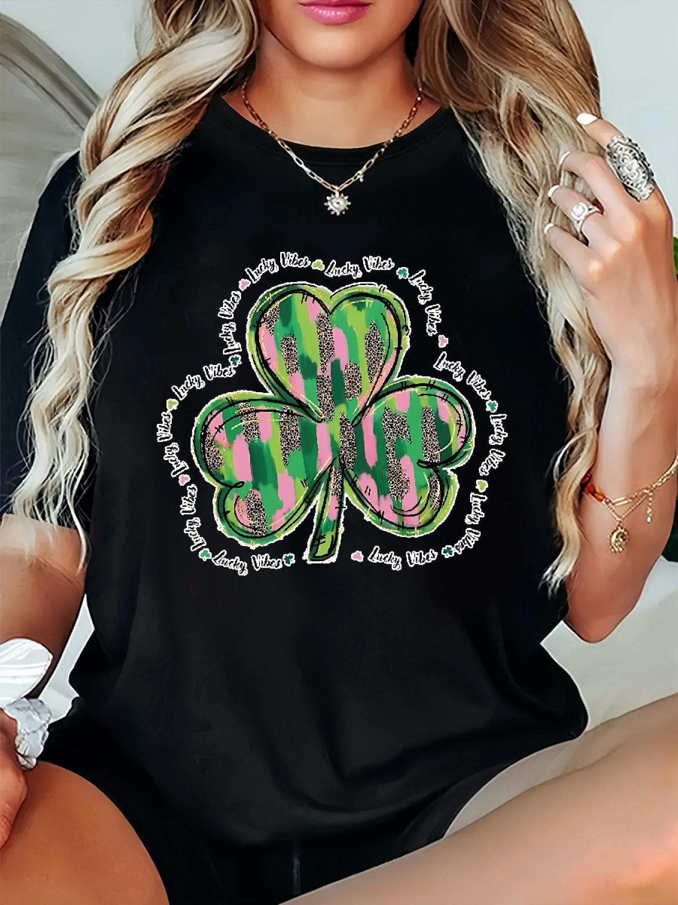 

Plus Size, Women s Plus Size Crew Neck T-shirtLeopard & Color-block Clover, Lucky Vibes Text St. Patrick s Day Summer Casual Tshirts, 4XL чорний