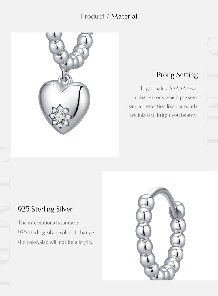 S925 Sterling Silver Beaded Hoop Earrings with Heart Dangle Zircon Heart Drop Earrings for Women Fashion Jewelry