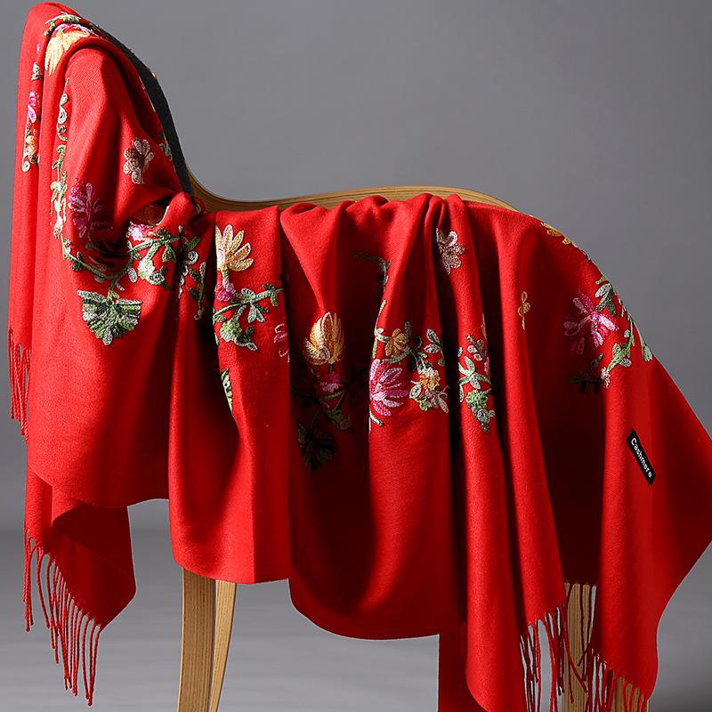 Yunnan Lijiang Women's Ethnic Embroidered Black Tassel Shawl, Thick and Warm, Imitation Cashmere, Oversized for Autumn and Winter