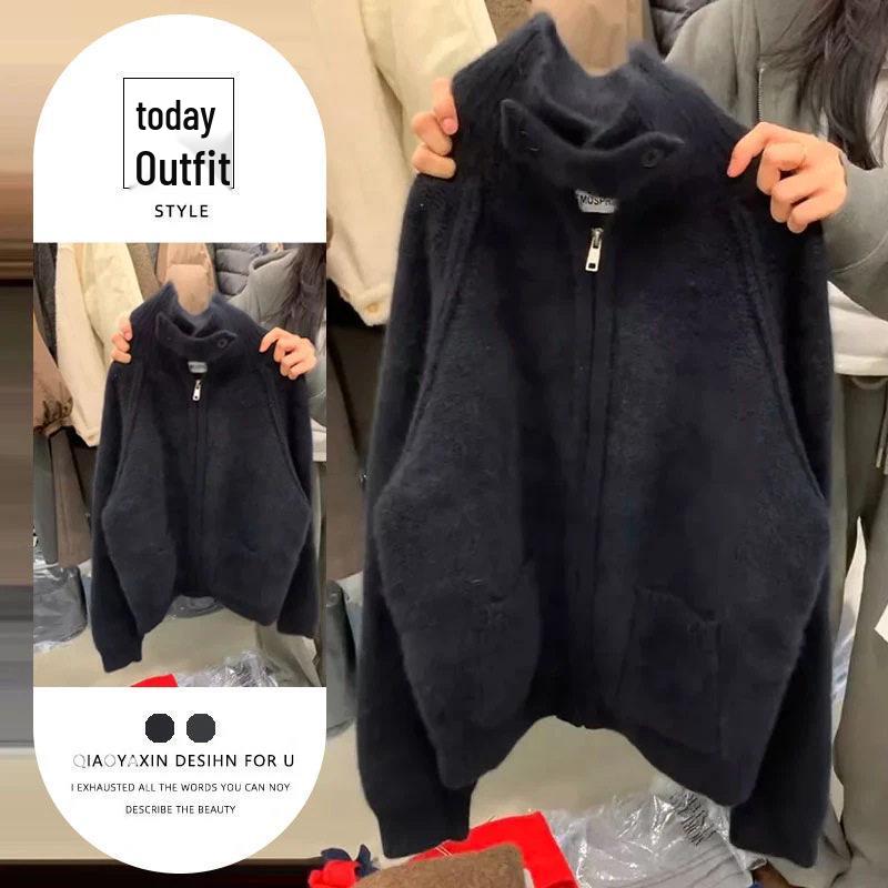 

2025 Chic Korean Style Women s Loose Cardigan: Autumn/Winter Solid Color, Age-Reducing Trendy Top M (for 80-100 jin)