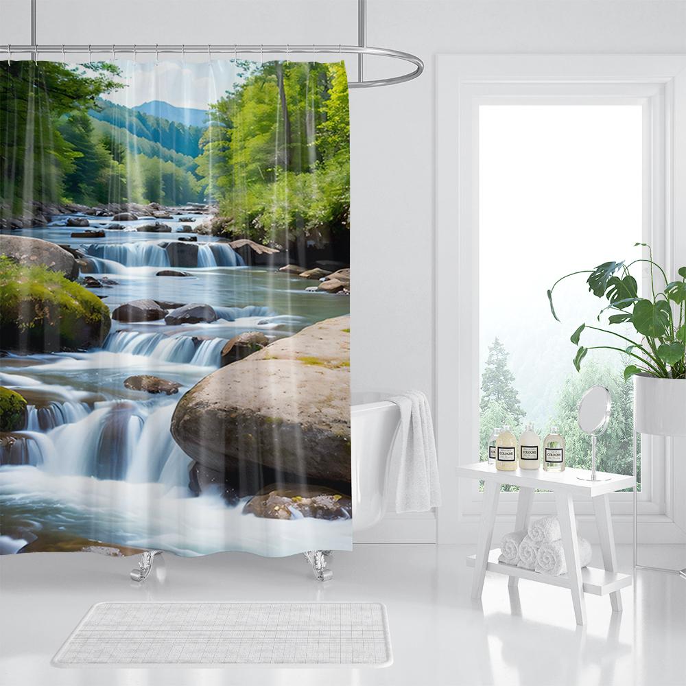 Forest Waterfall Shower Curtain Tropical Rainforest Palm Jungle Tree Green Leaves Plants Scenery Bathroom Decor Set With Hooks