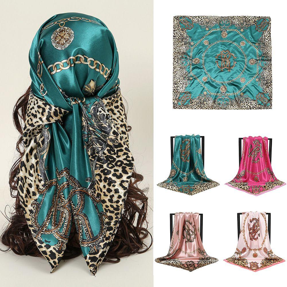 New Leopard Print Chain-embellished Satin Silk Scarf Headband, Versatile and Multi-purpose Faux Silk Scarf, Versatile Small Square Scarf
