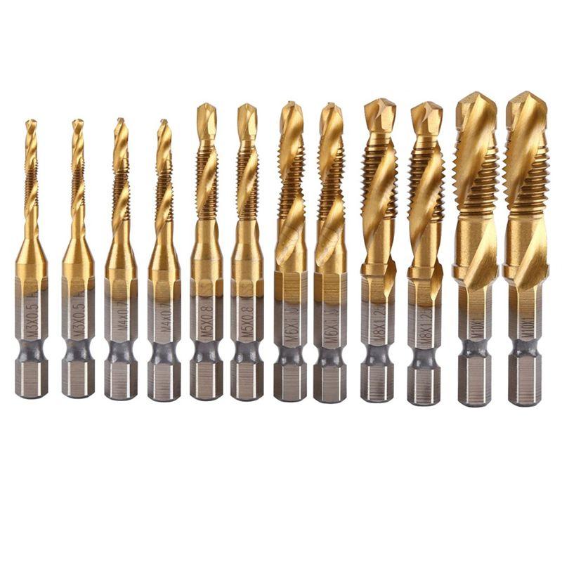BHBL 12Pcs Tap Drill Bit Set Hex Handle Titanium Plated HSS Screw Thread Bit Screw Machine Compound Tap for Metal Steel Wood