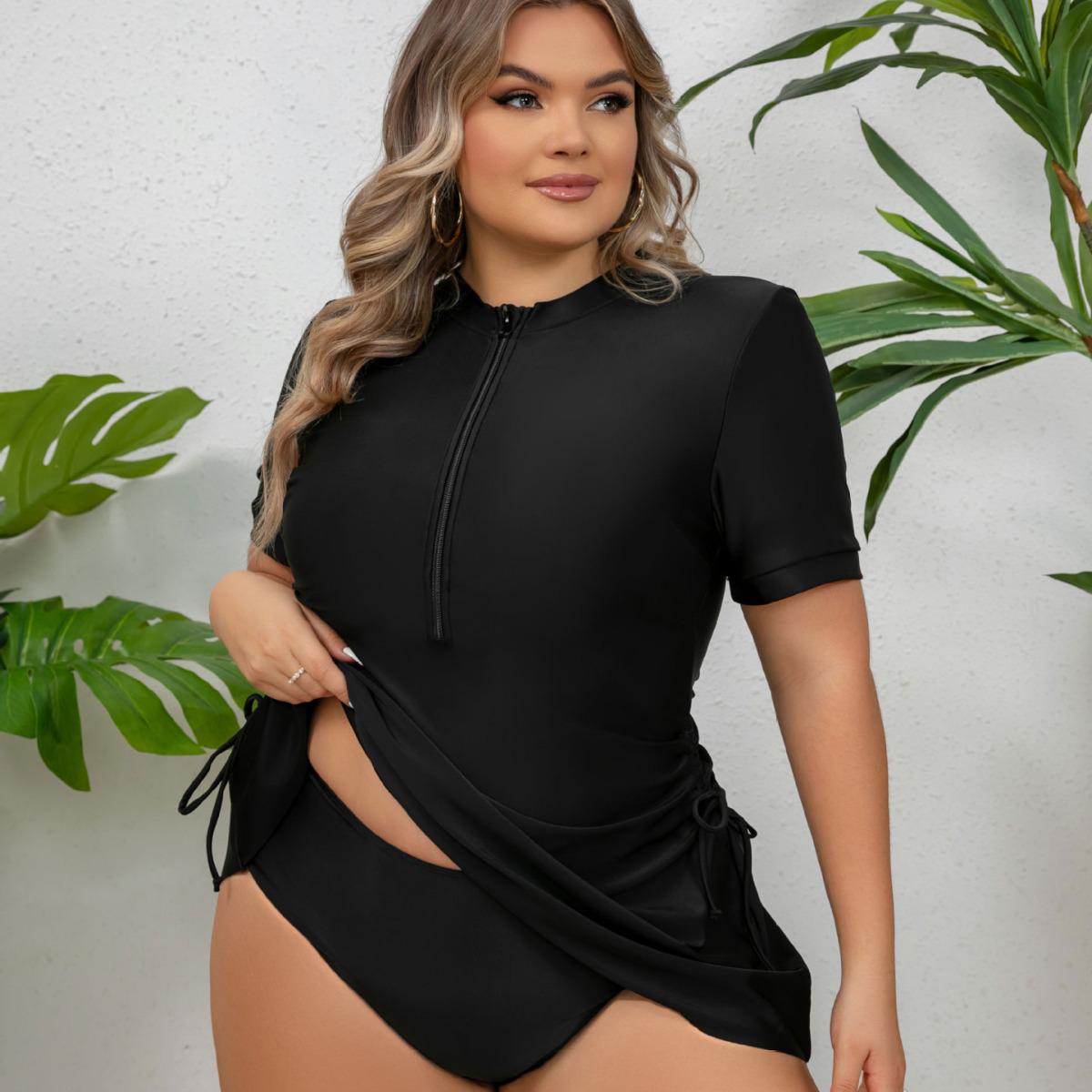 

Plus Size Women s Zipper Tankini with Triangle Bottoms and Drawstring 3XL чорний