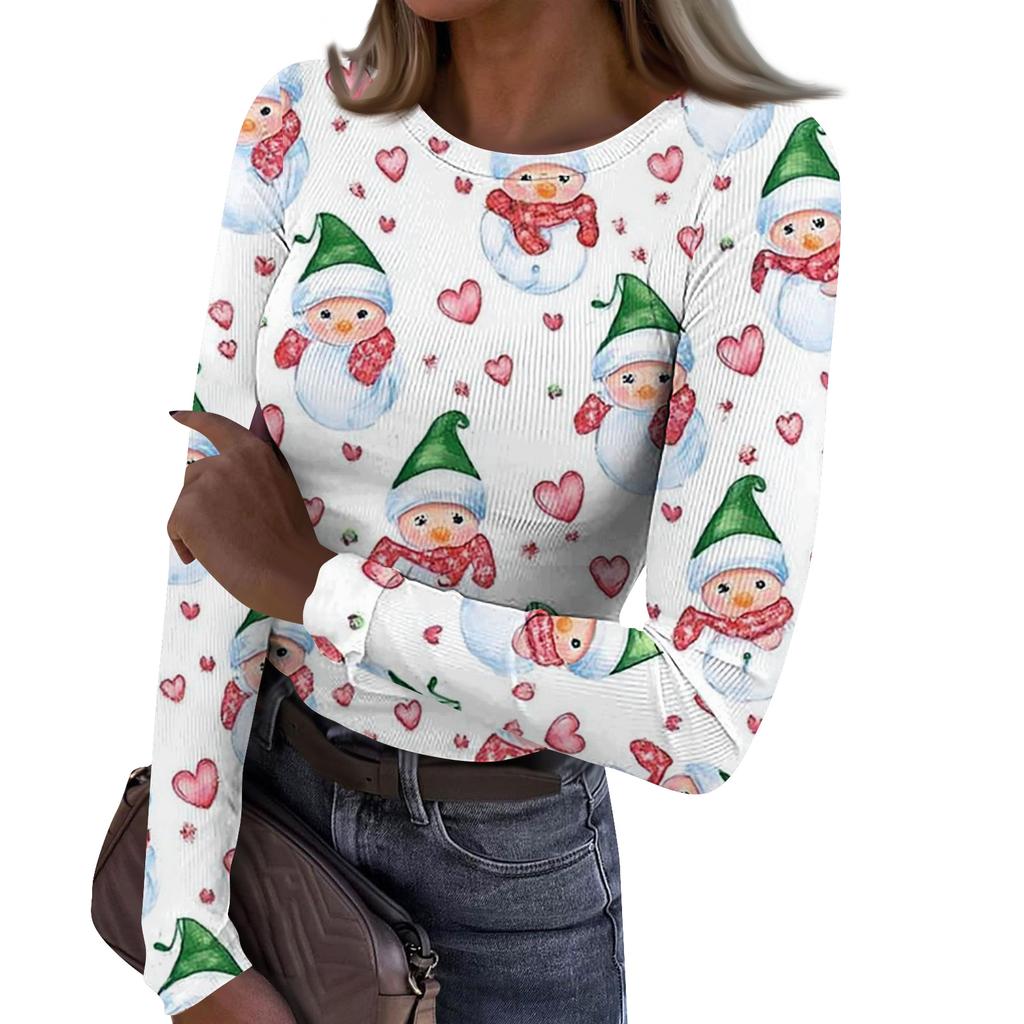 Γυναικείο Μοντέρνο Μπλουζάκι Βασικής Στρώσης Στενής Γραμμής με Στρογγυλή Λαιμόκοψη και Χριστουγεννιάτικη Εκτύπωση, Μακρυμάνικο Τοπ
