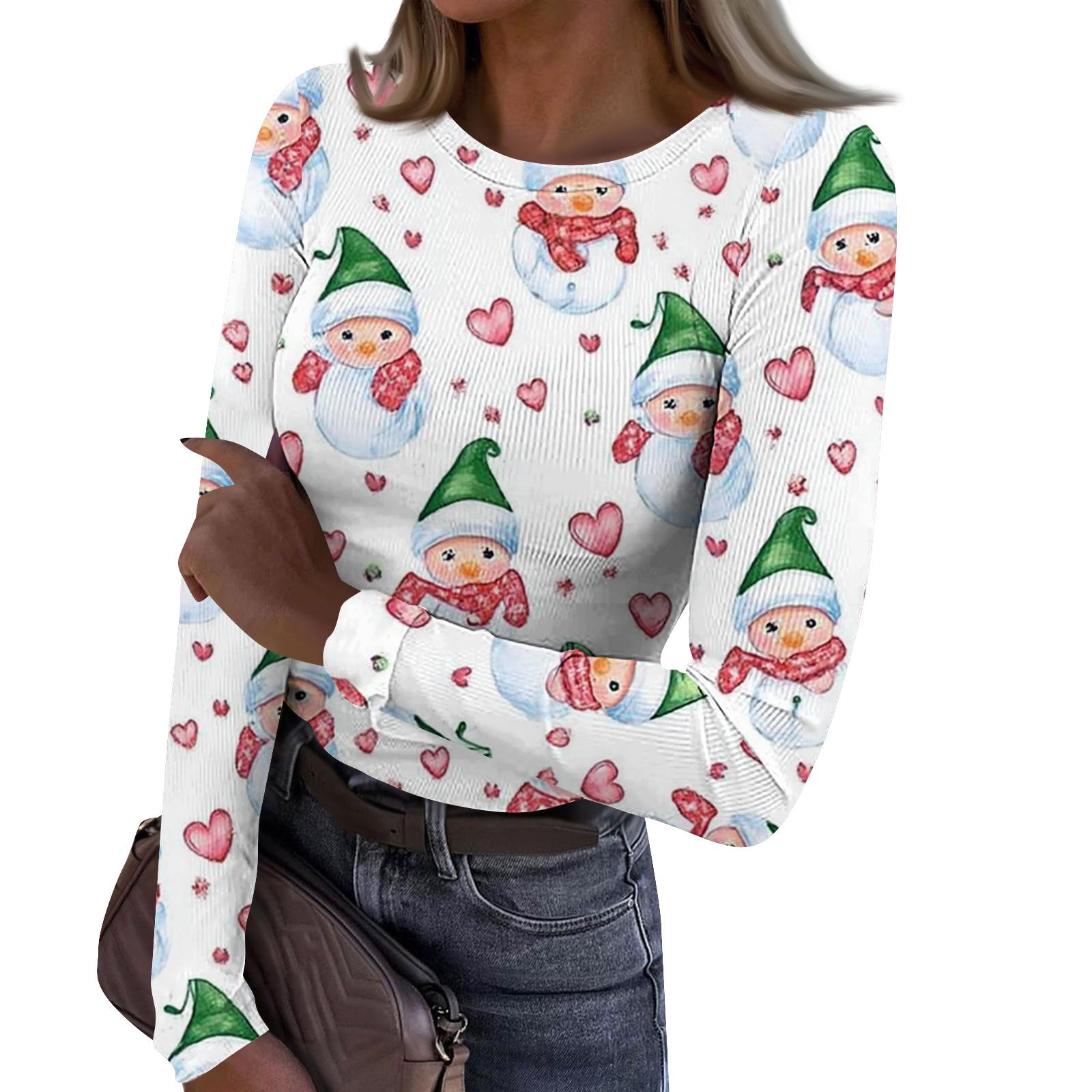 

Женская модная облегающая футболка с круглым вырезом, базовый слой, с рождественским принтом, с длинным рукавом XXL белый