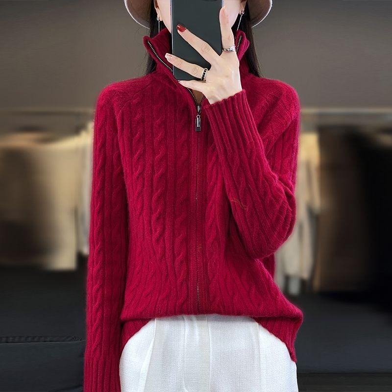 Autumn Winter Women's Stand Collar Cardigan Sweater Zipper Cable Knit Sweater Loose Solid Color Knitted Cardigan Jacket Outerwear