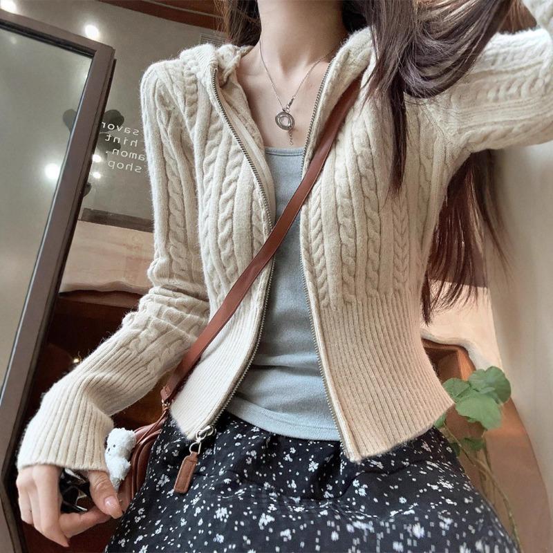 Autumn and Winter Twist Zipper Hooded Knitted Cardigan Sweater Women's Gentle Wind Sweet Sister Thin Knitted Cardigan Top