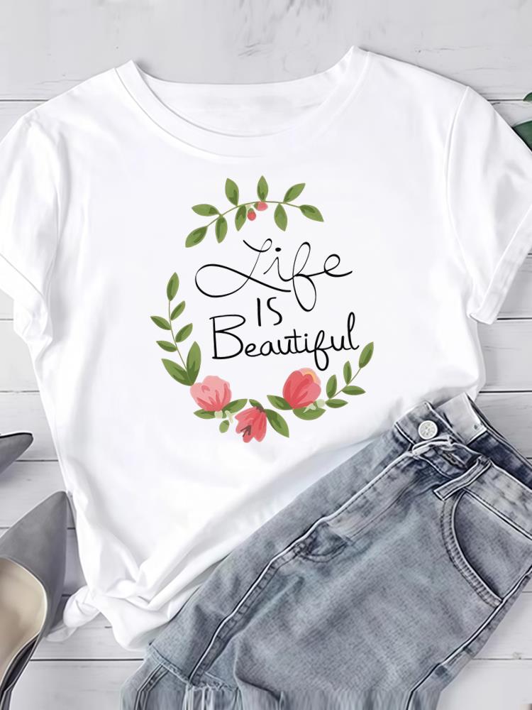 (Asian Size) Clothing T Shirt Women Fashion flower floral cute Tee Top Woman Print Female Short Sleeve Graphic T-shirts