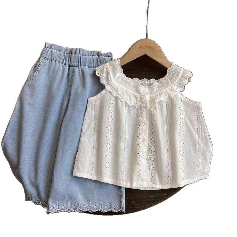 Girls Summer Lace Trim Camisole with High Waist Denim Wide Leg Pants Set