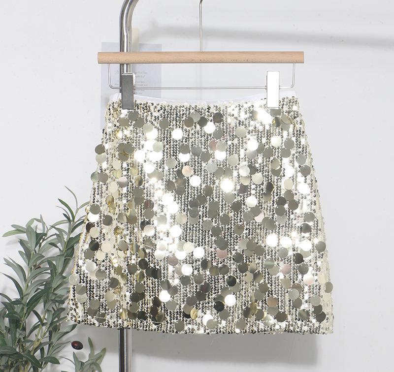 High-End Sequin A-Line Mini Skirt with Anti-Exposure Lining, High Waist, and Slim Fit