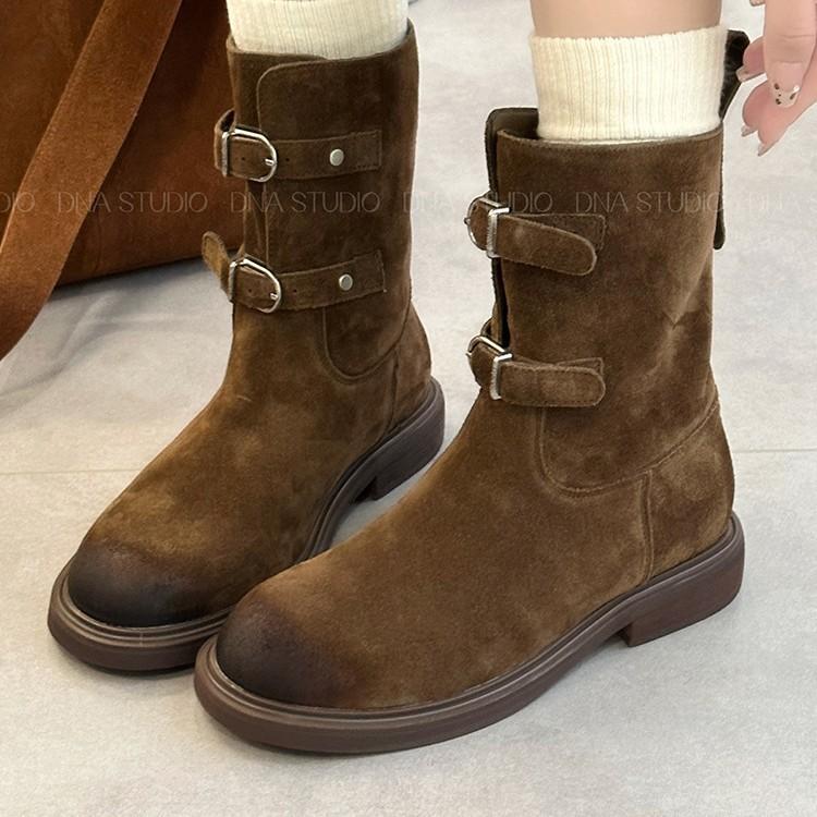 Sheepskin Version~ Retro Polished Belt Buckle Western Cowboy Boots Slim Short Boots Women's Maillard Martin Boots Locomotive Boots