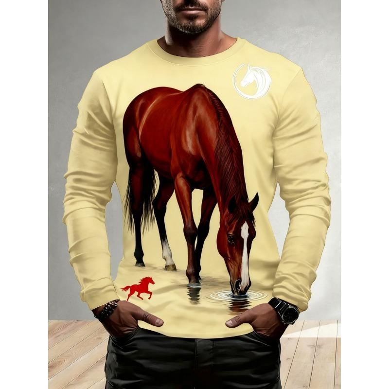 Men's T-Shirt Running Horse Graphic 3D Print Fashion Long Sleeve Crew Neck Tee Shirt Casual Summer Personality Men's Top
