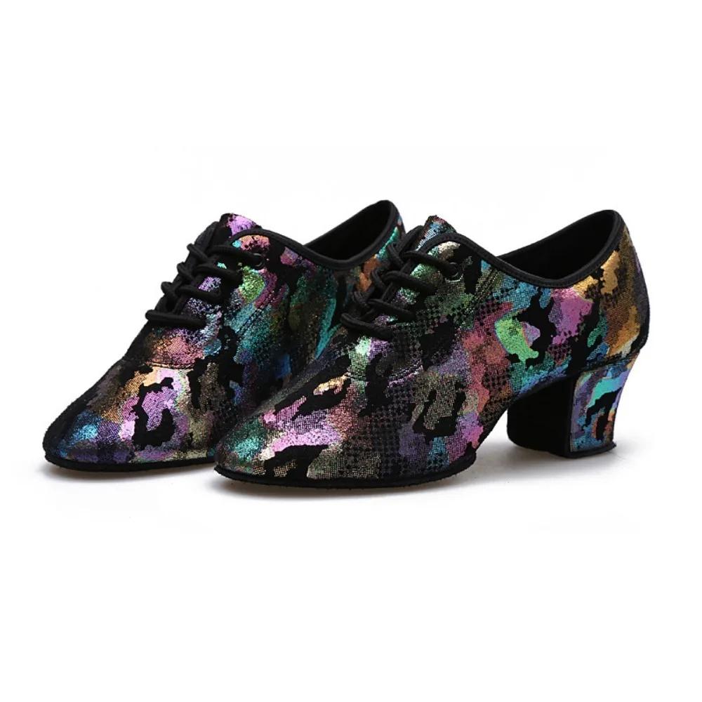 Women's Lady's Girl's Indoor Outdoor Oxford Leather Upper Chunky Heel Sneaker Heel High Ballroom Modern Latin Dance Shoes