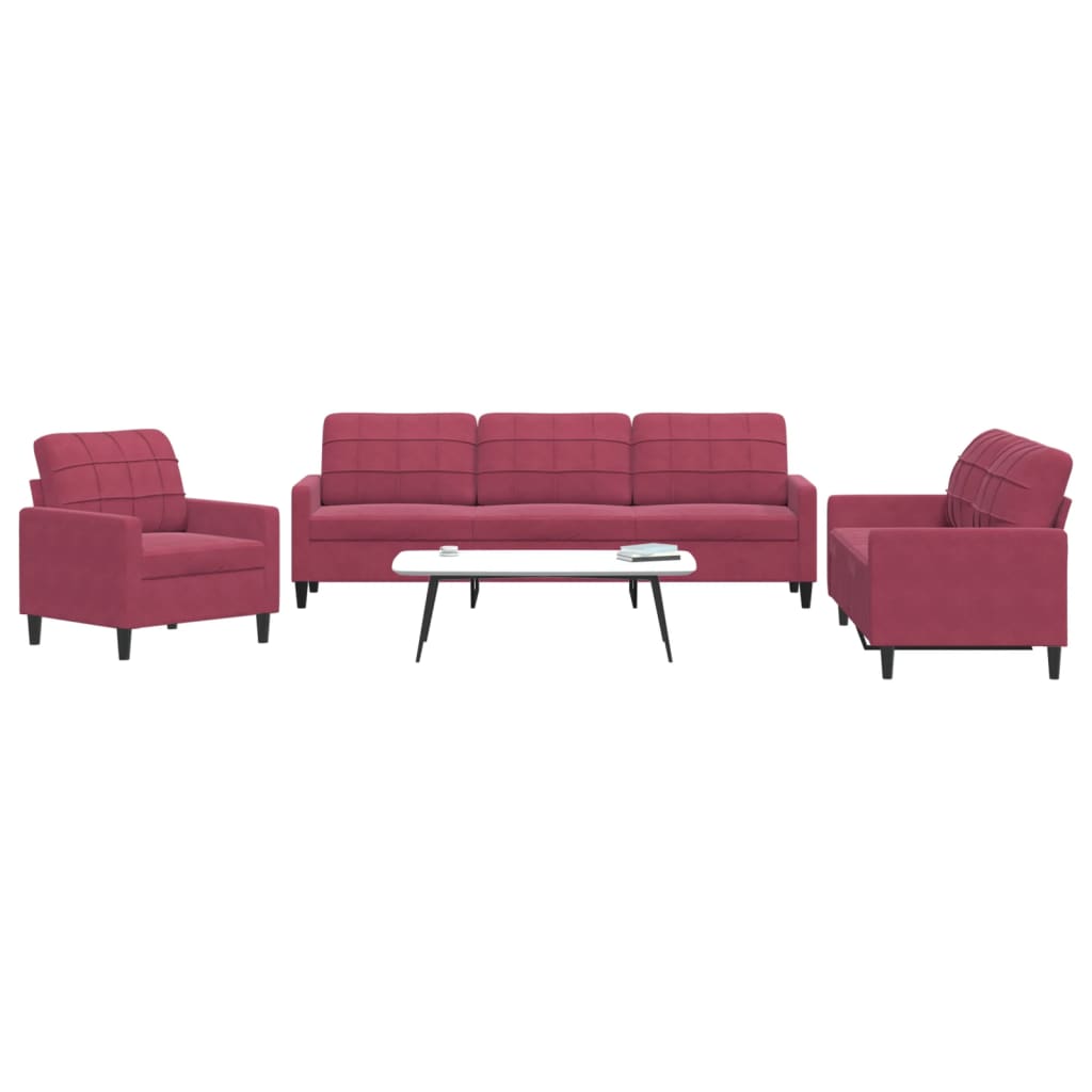 3 Piece Sofa Set with Cushions Burgundy Velvet