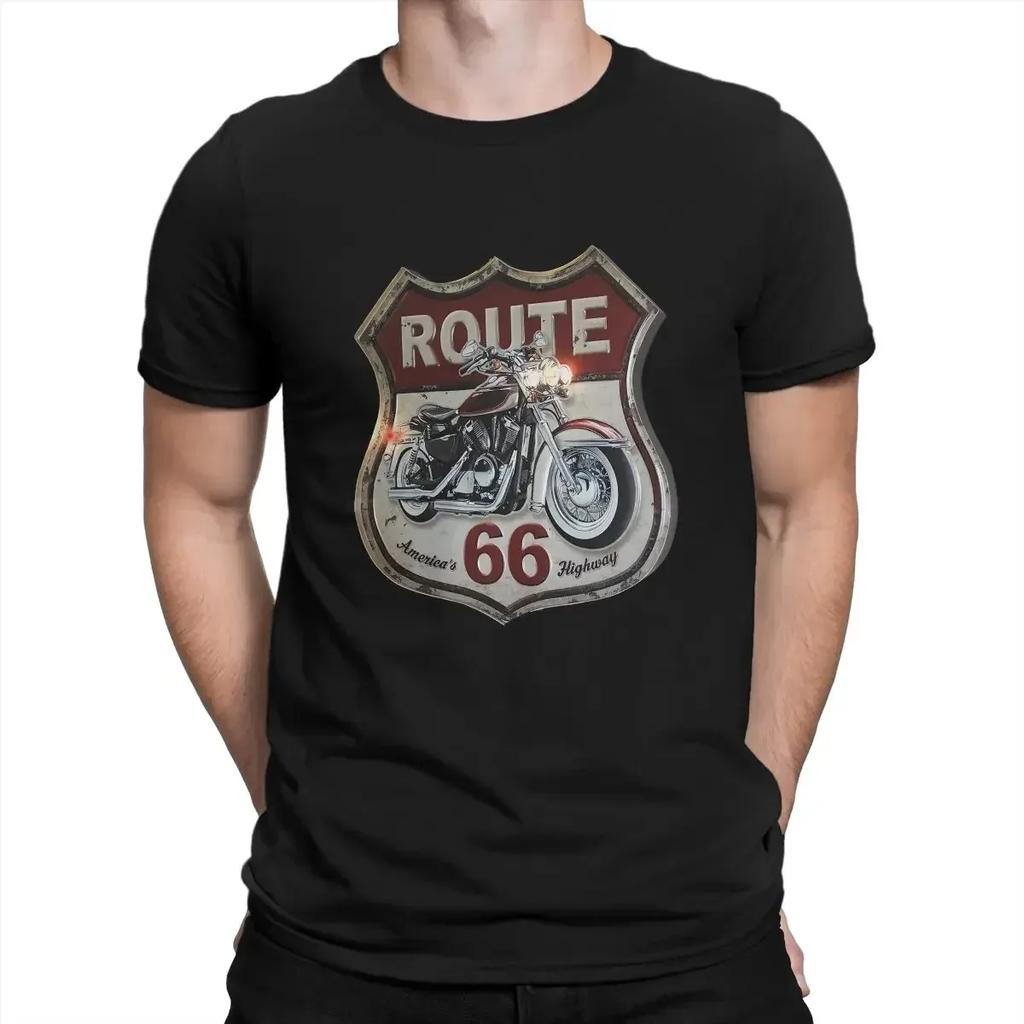 Men's Vintage Motorcycle Printed Short Sleeved T-shirt with US Route 66 Pattern T Shirt Cotton Round Neck Tee Casual Women Shirt