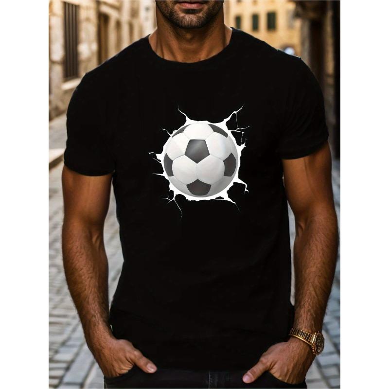 European Size Men's Soccer Jersey-Style T-Shirt - Heavy-Duty Cotton Short Sleeve Tee with Black & White Soccer Print, Double-Needle Stitched Neckline