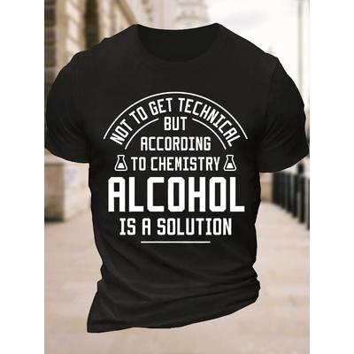 European Sizes Casual Fit Tees For Summer - ALCOHOL IS A SOLUTION Print - Men's Comfy T-shirt - Men's Clothing Tops For Daily Activities