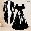 Women Plus Size Red Black Printed Two Piece Set Square Neck Tie Waist Flared Dress And 3 4 Sleeve Cardigan