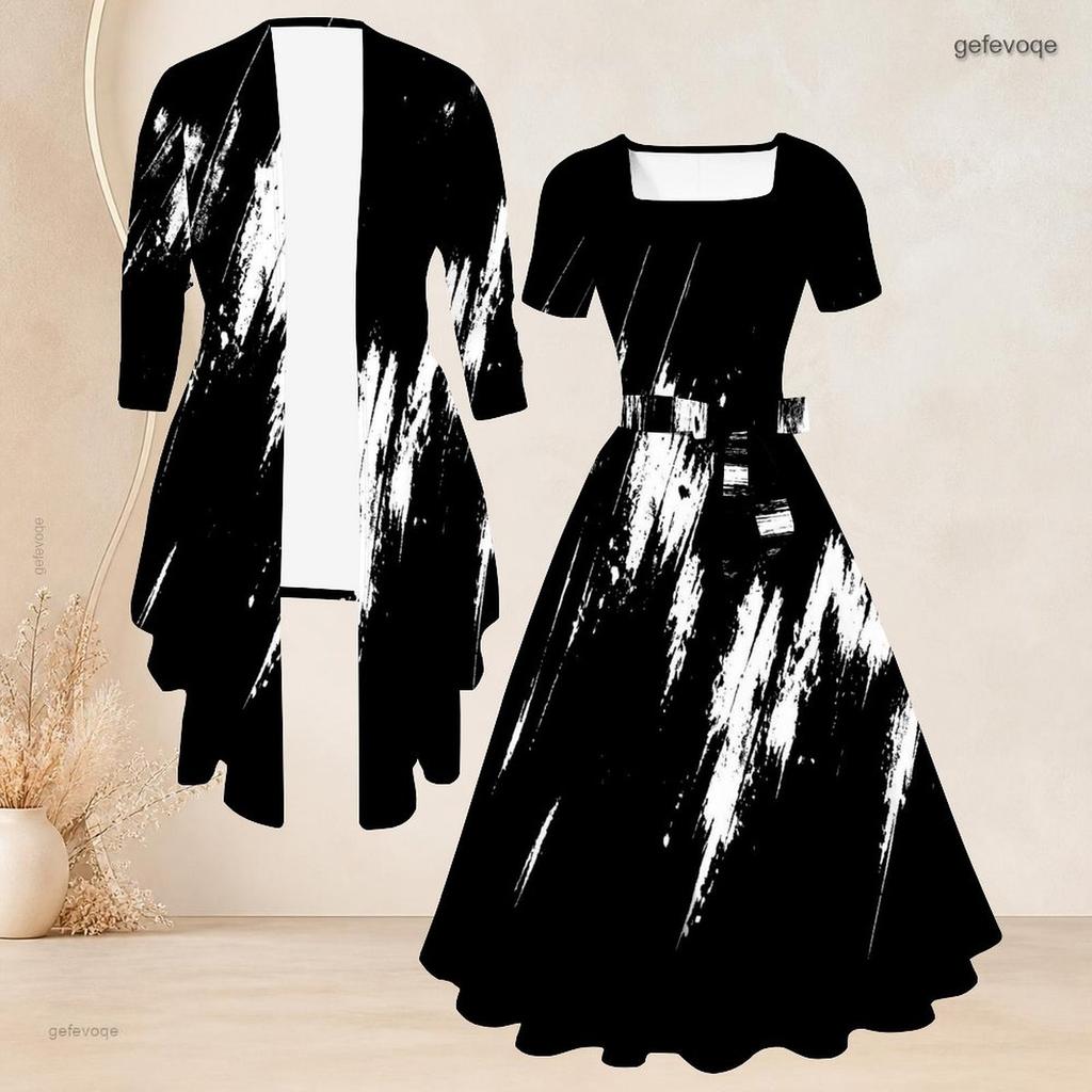 Women Plus Size Red Black Printed Two Piece Set Square Neck Tie Waist Flared Dress And 3 4 Sleeve Cardigan