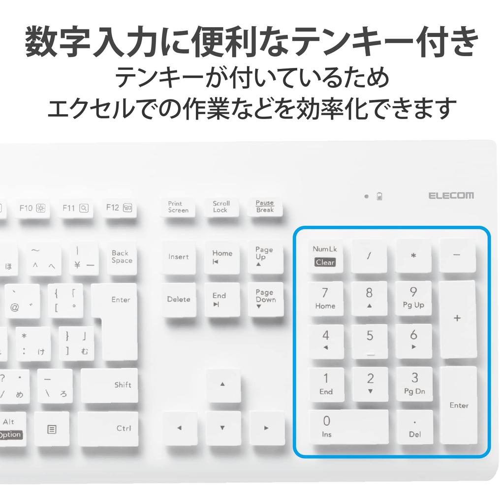 ELECOM Washable Wireless Keyboard, Waterproof, IPX5 Membrane, Full Size, with Numeric Keypad, White, TK-WS02DMKWH