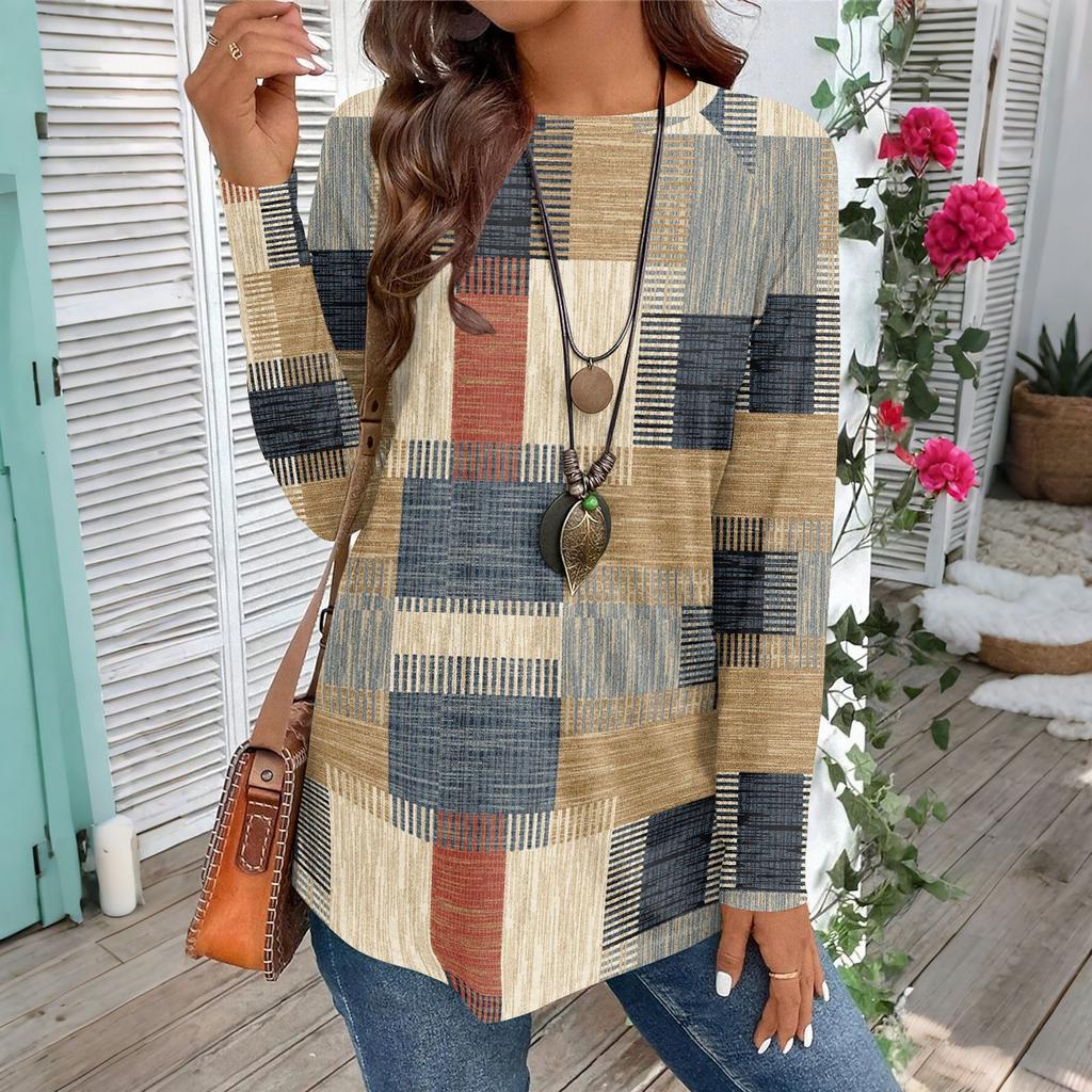 Women's Casual Plus SizeLong Sleeved Round Neck Vintage Ethnic Printing T-shirt Top Pullover