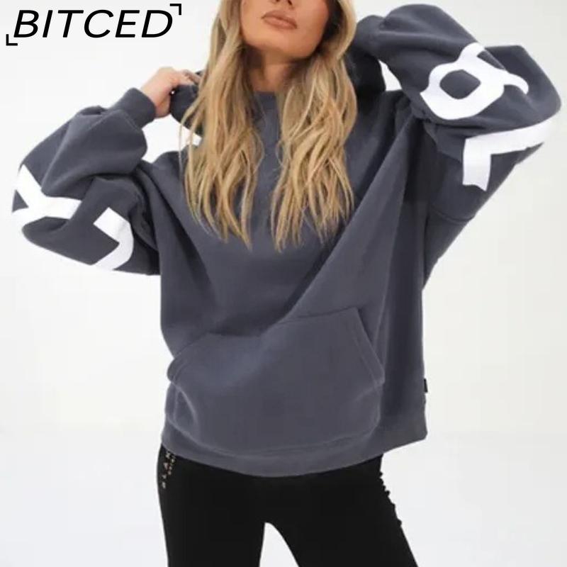 BITCED Damenmode Print Verdicktes Vielseitiges Langarm Oversize Kapuzensweatshirt