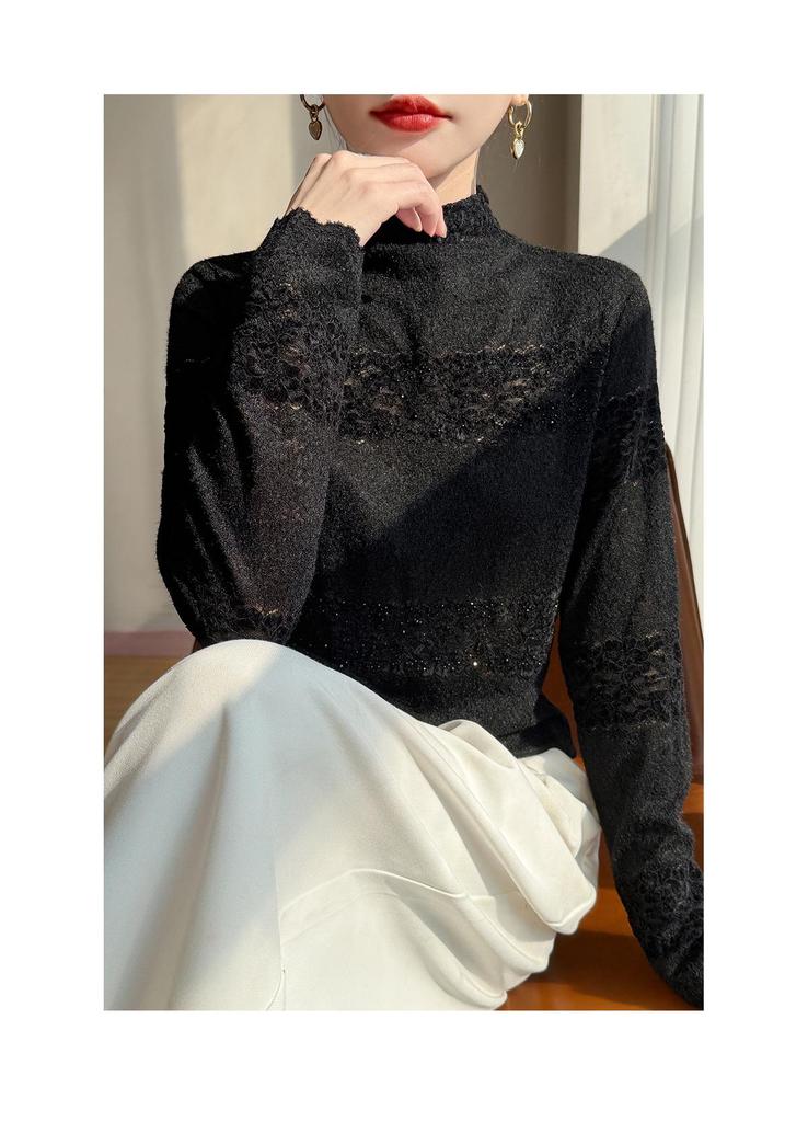 Women's Chic High-Neck Lace Trim Jacquard Knit Sweater
